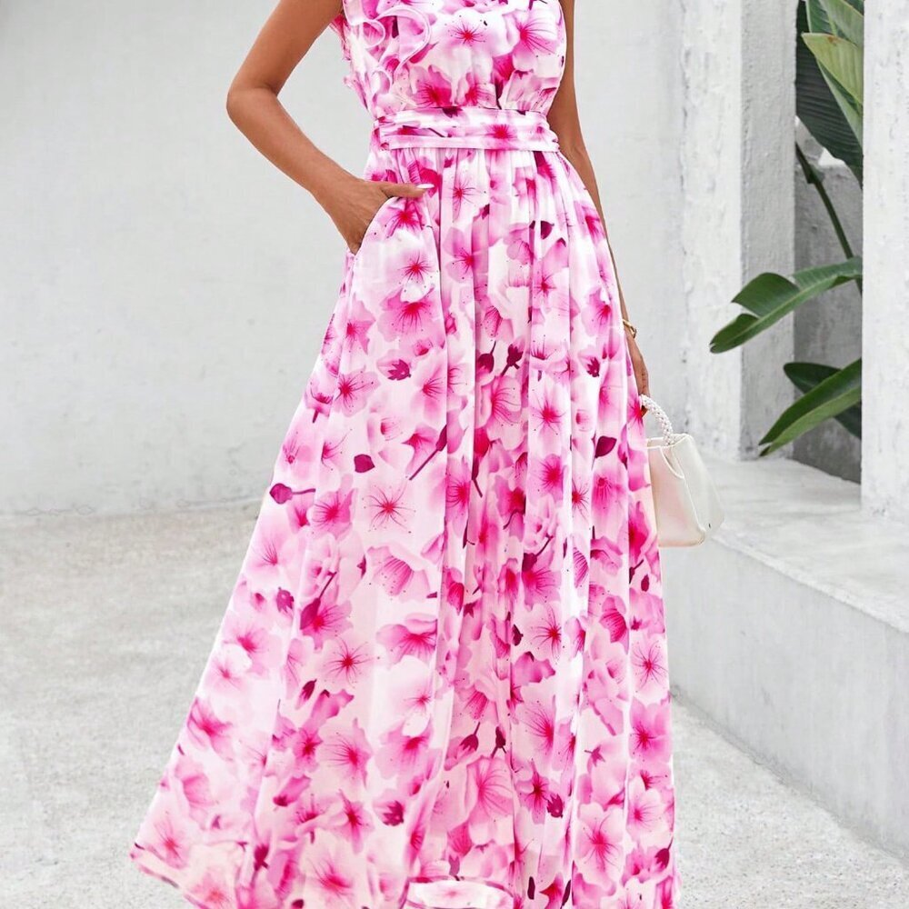 White Pink Casual Women's Floral One Shoulder Sleeveless Smocked Ruffle Dress - Picture 4 of 5